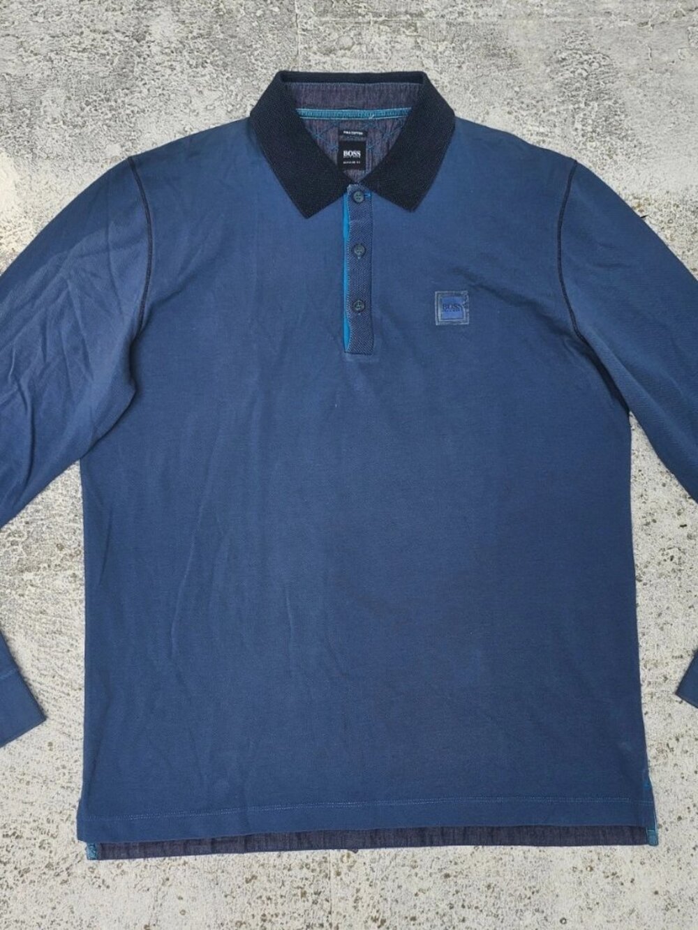 Hugo Boss Men Polo Shirt Long Sleeve Pima Cotton Blue Shirt Top Size XL